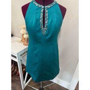 Kay Unger Satin Teal Rhinestone Dress 4